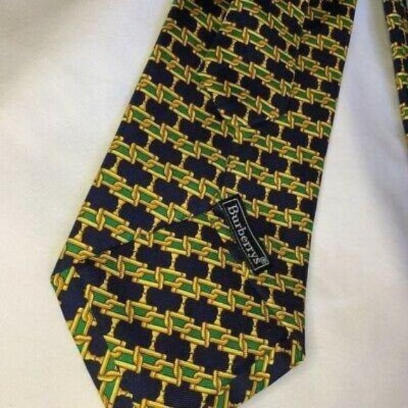 Burberrys Men Tie Blue Green Gold Chain Motif Neckwear - Picture 2 of 4